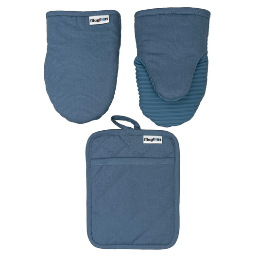 Set of blue oven mitts and pot holder with MagMitt branding on a white background