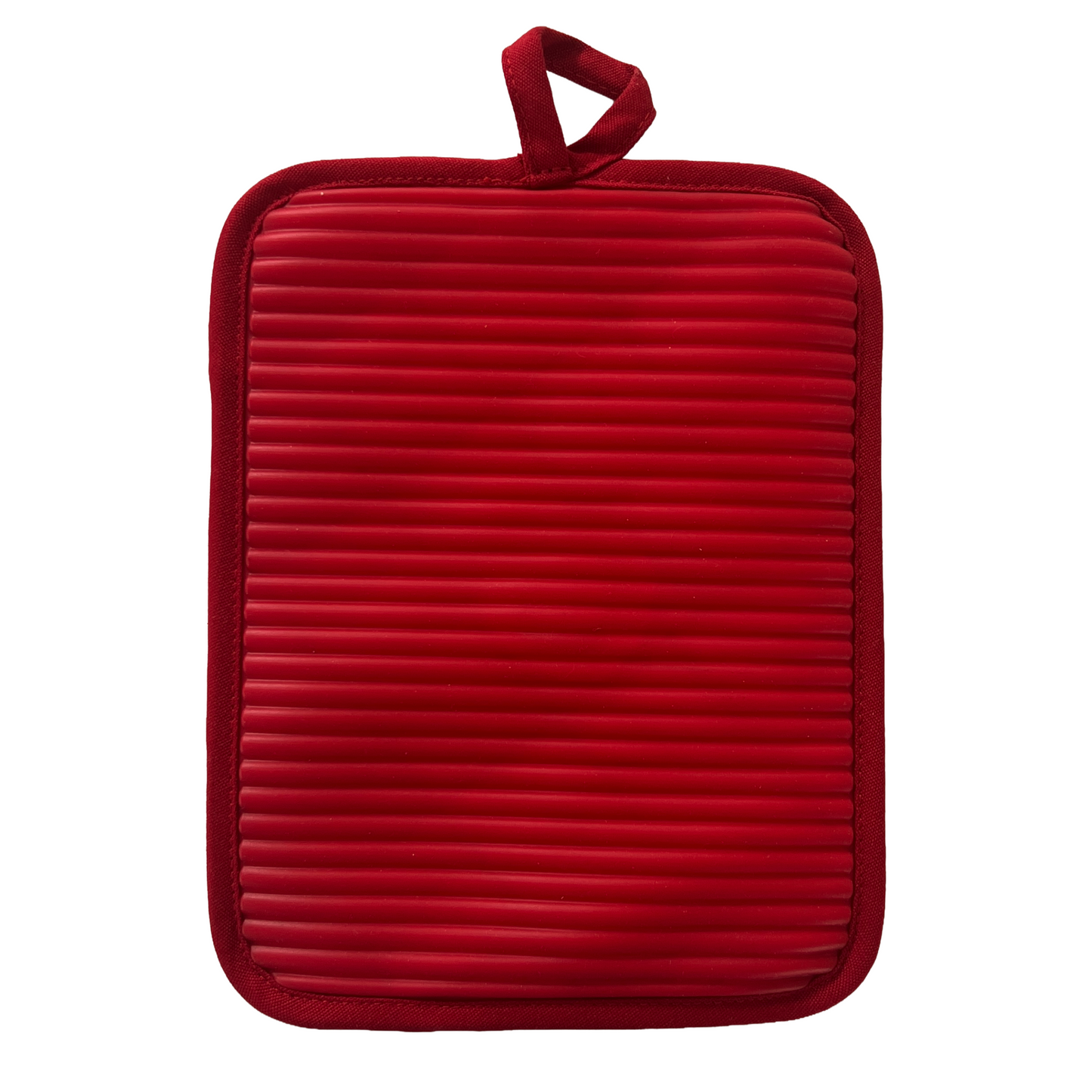 Red pot holder with textured surface and handle on a white background