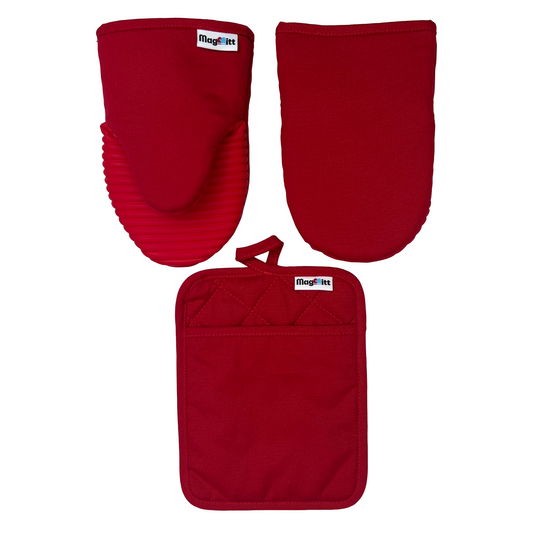 Red oven mitts and pot holder set with MagMitt logo on a white background