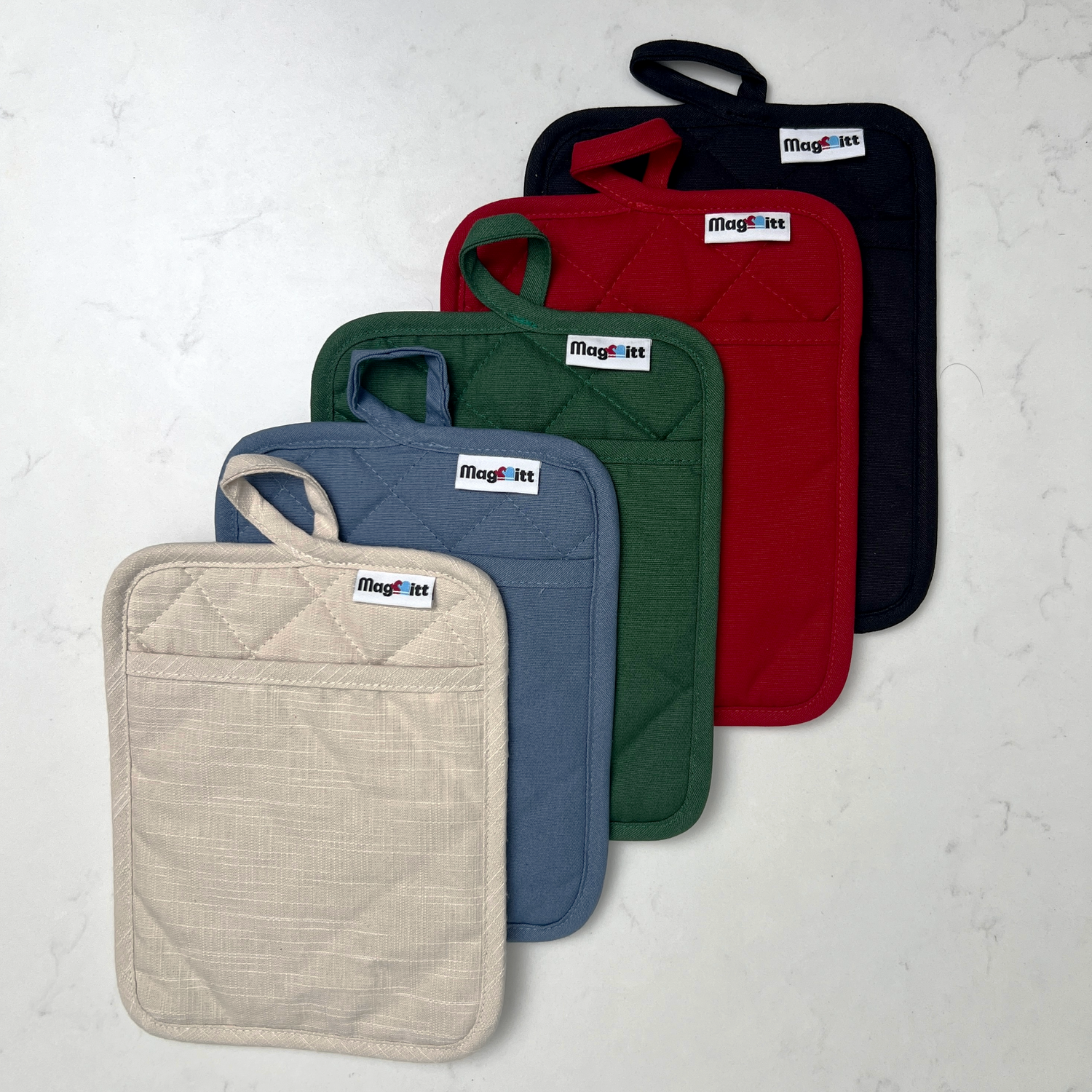 Set of five pot holders in beige, blue, green, red, and black on a light gray background.