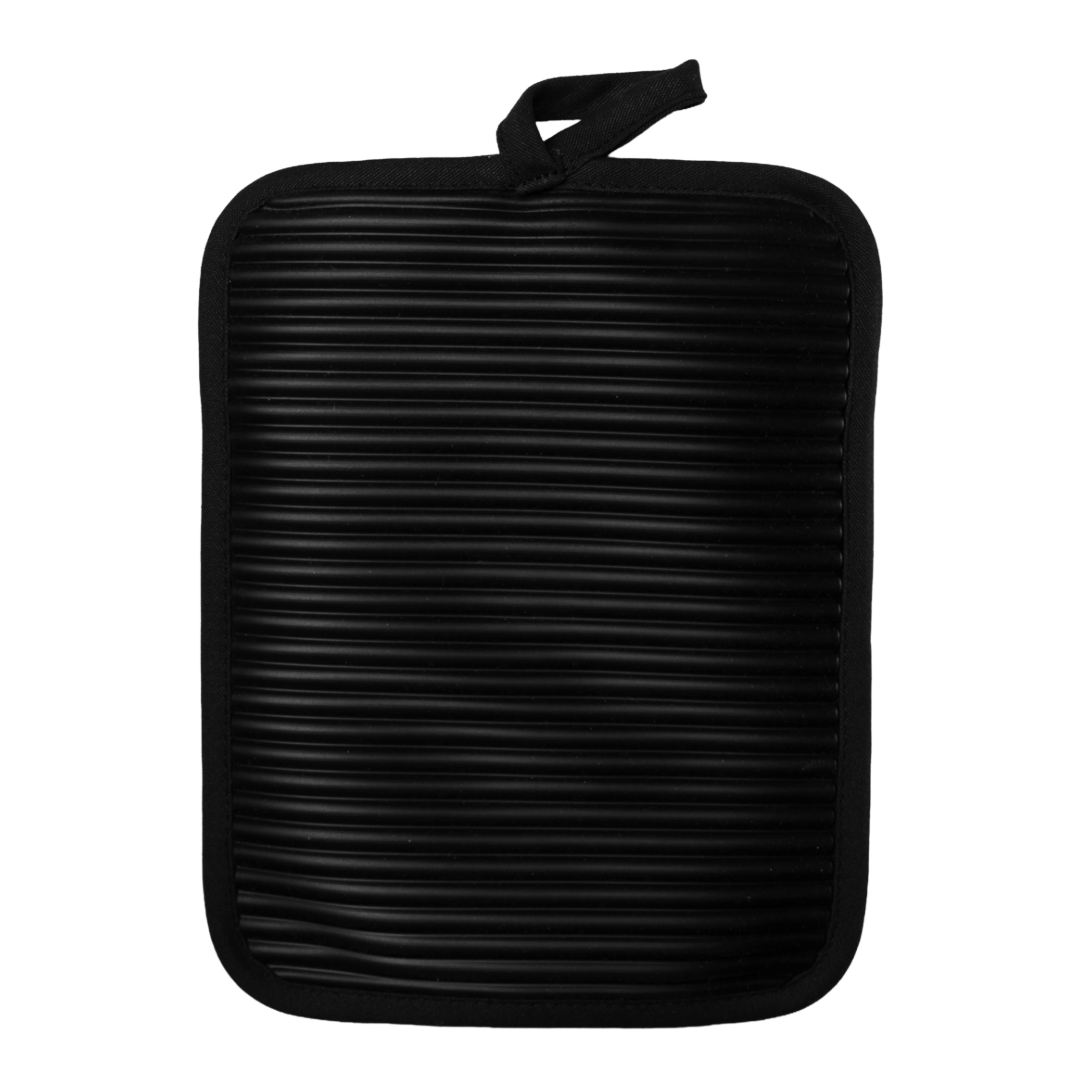 Black ribbed silicone hot pad on a white background