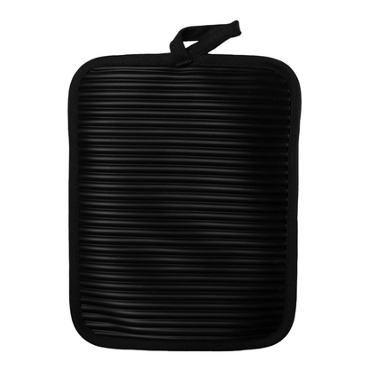 Black ribbed silicone hot pad on a white background