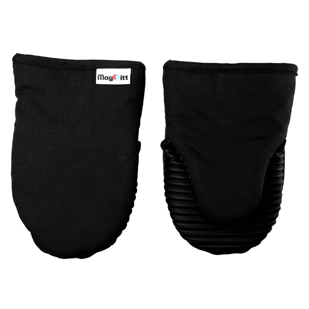 Pair of black oven mitts with a brand label on a white background
