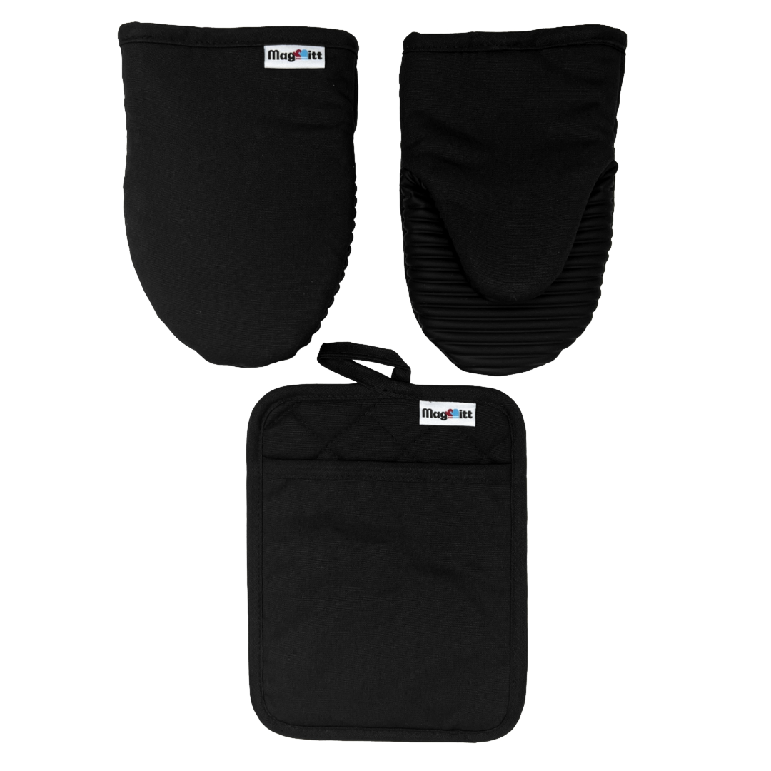 Set of black oven mitts and pot holder with 'MagMitt' branding on a white background