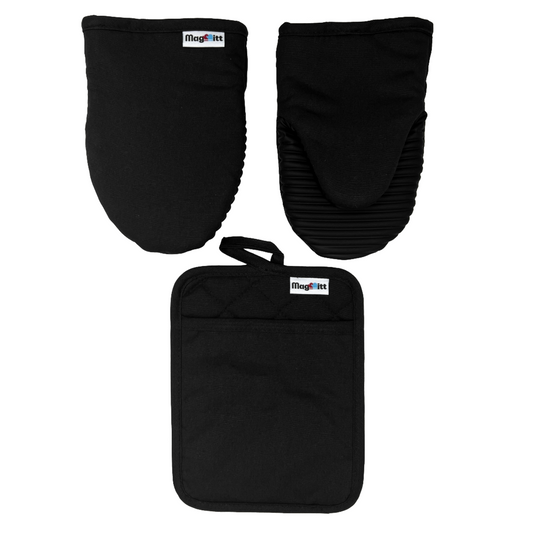 Set of black oven mitts and pot holder with 'MagMitt' branding on a white background