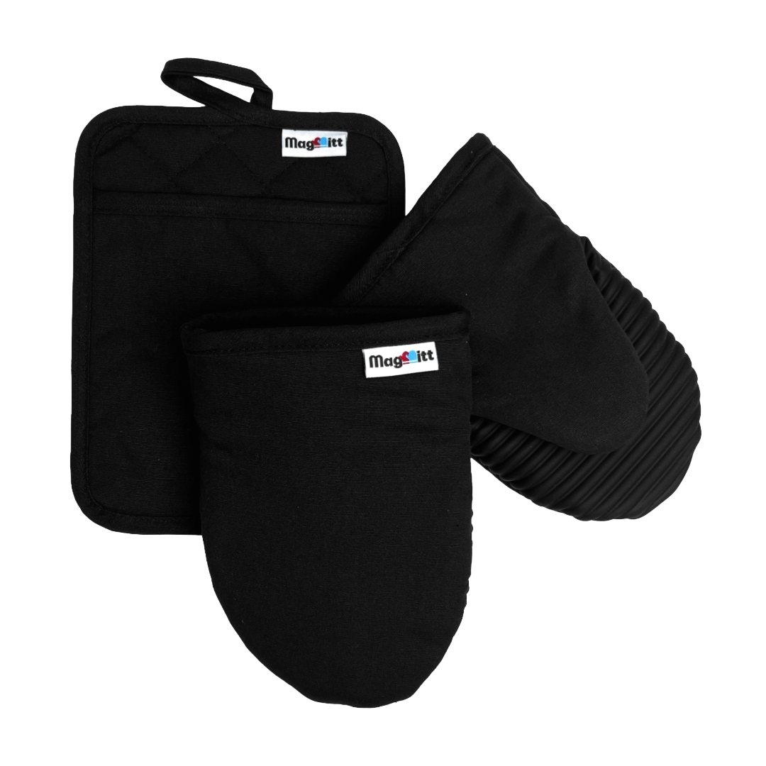 Set of black oven mitts and pot holder with 'MagMitt' branding on a white background