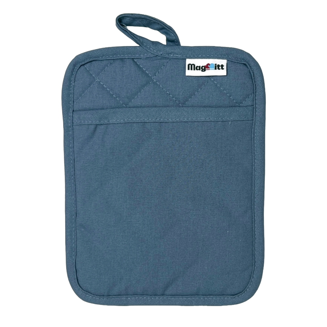 Blue quilted pot holder with a brand label on a white background