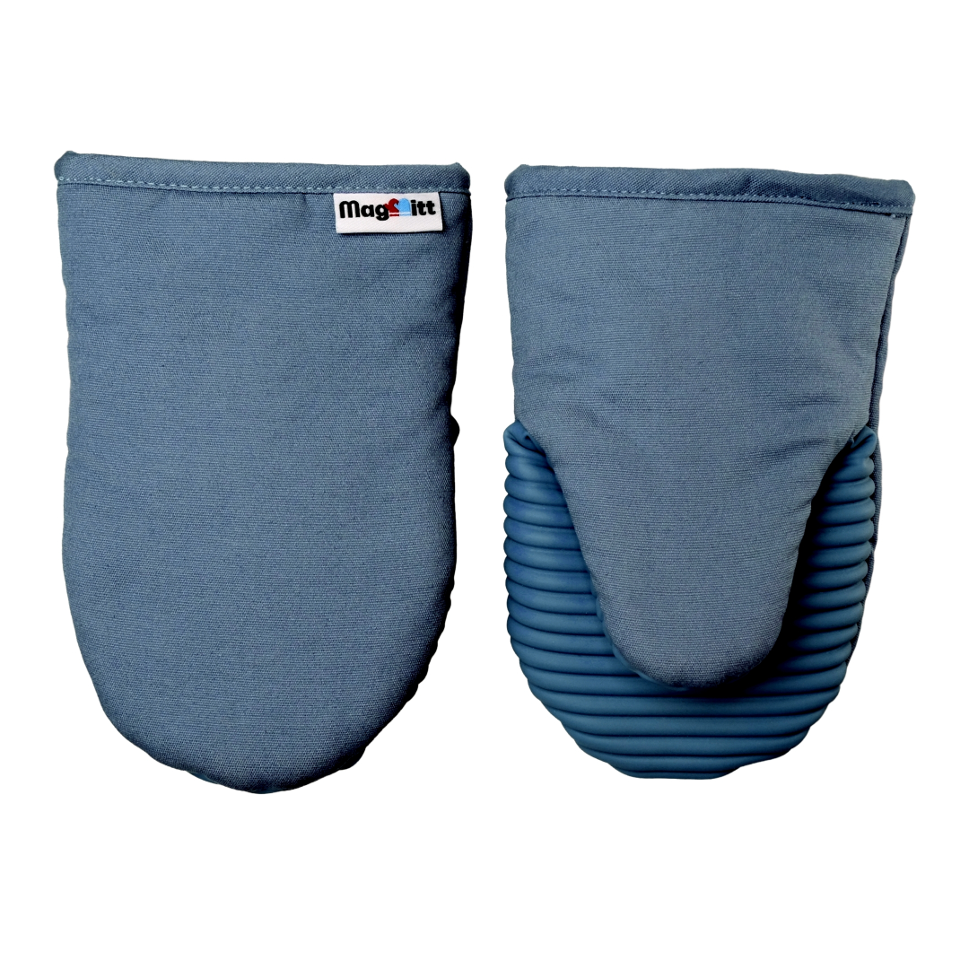 Pair of blue oven mitts with a brand label on a white background