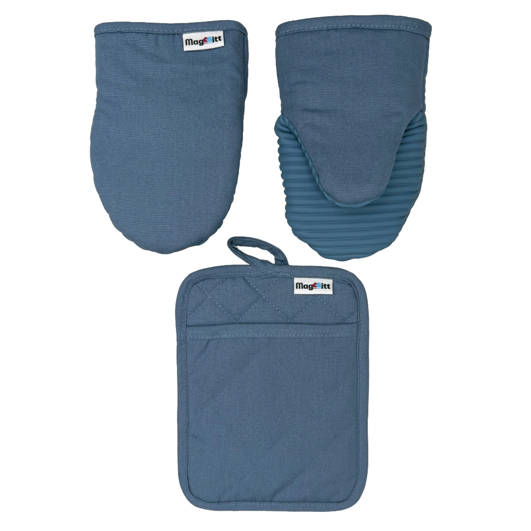 Set of blue oven mitts and pot holder with MagMitt branding on a white background