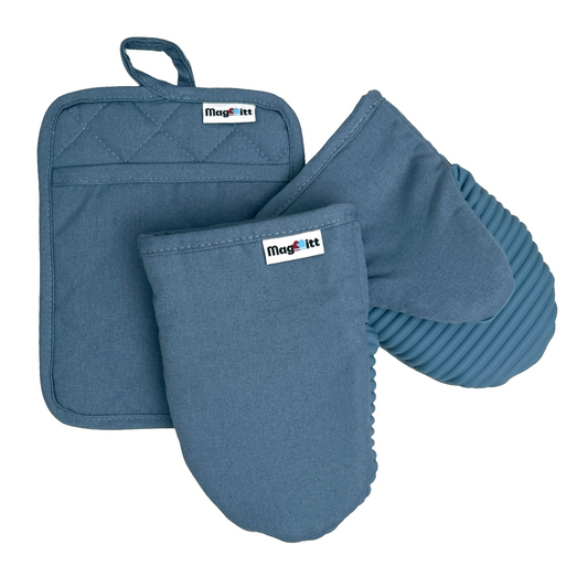 Set of blue oven mitts and pot holder with MagMitt branding on a white background