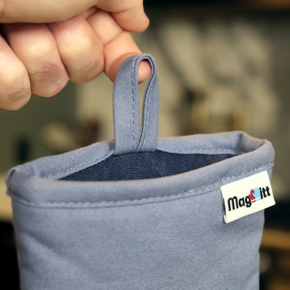 Blue fabric loop on an oven mitt held by a hand with 'MagMitt' brand label.