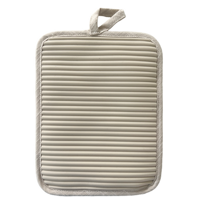 Textured beige pot holder with a handle on a white background