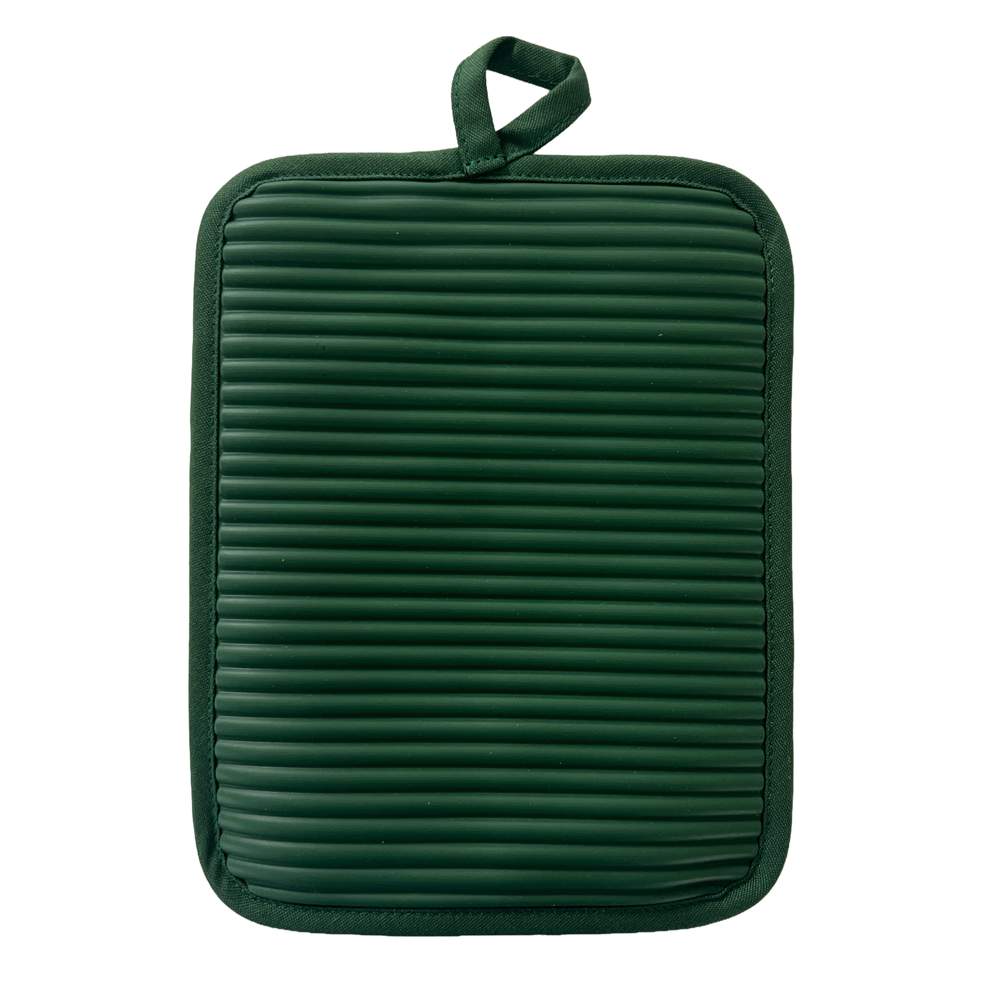 Green textured pot holder with a handle on a white background