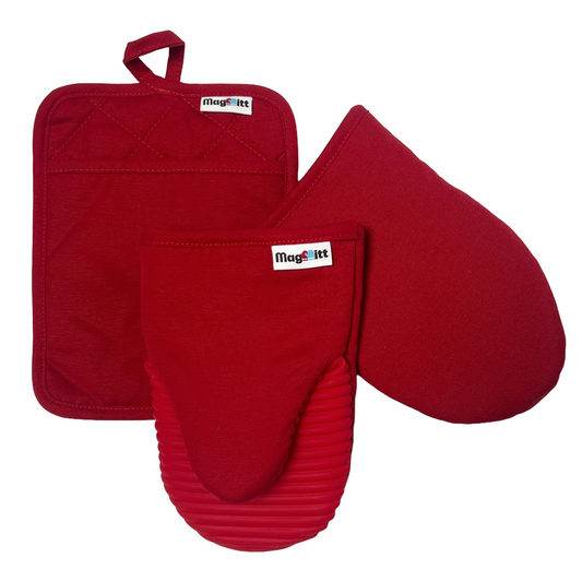 Red oven mitt and pot holder set with 'MagMitt' branding on a white background
