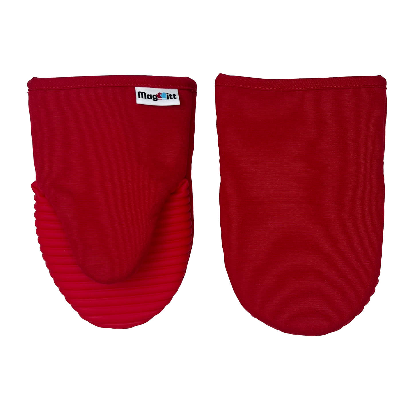 Red oven mitts with a visible brand label on a white background