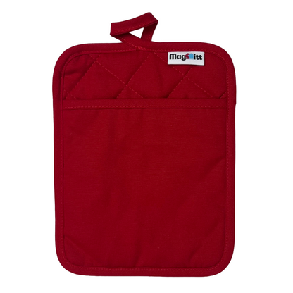 Red pot holder with a brand label on a white background