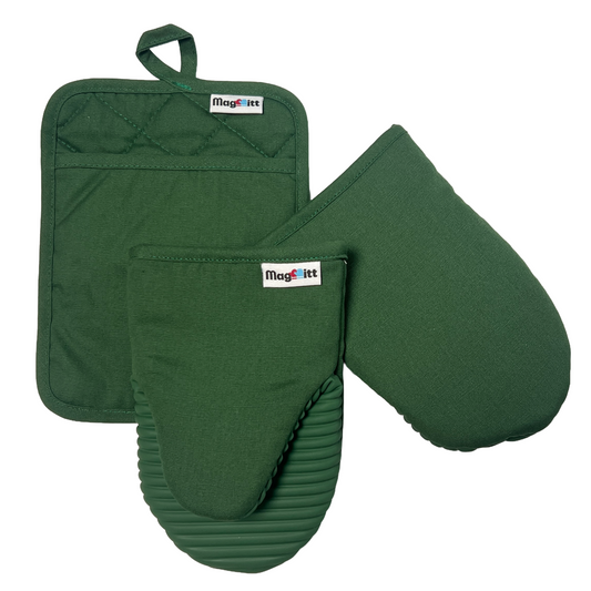 Green oven mitt and pot holder set with MagMitt logo on a white background
