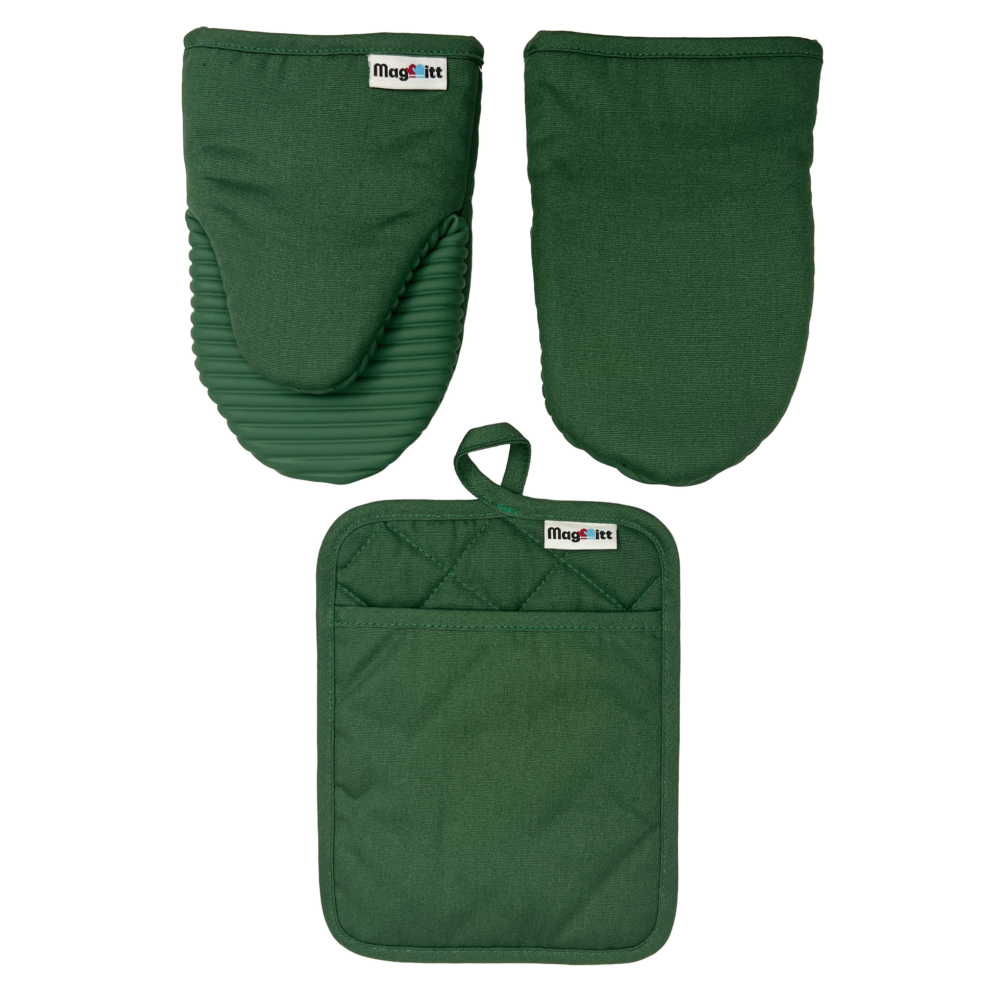 Set of green oven mitts and pot holder with MagMitt  logo on a white background