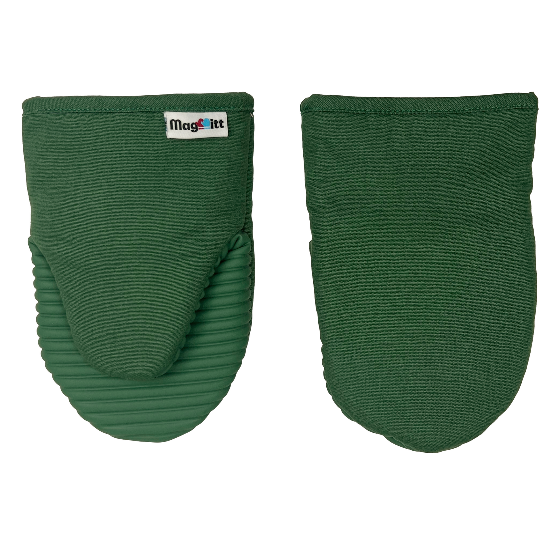 Pair of green oven mitts with a brand label on a white background
