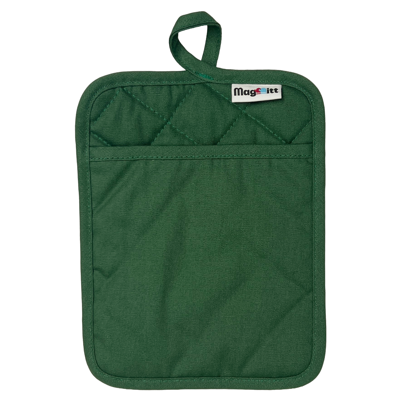 Green pot holder with a brand label on a white background