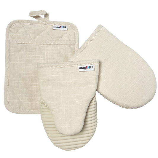 Beige oven mitt and pot holder set with 'MagMitt' branding on a white background