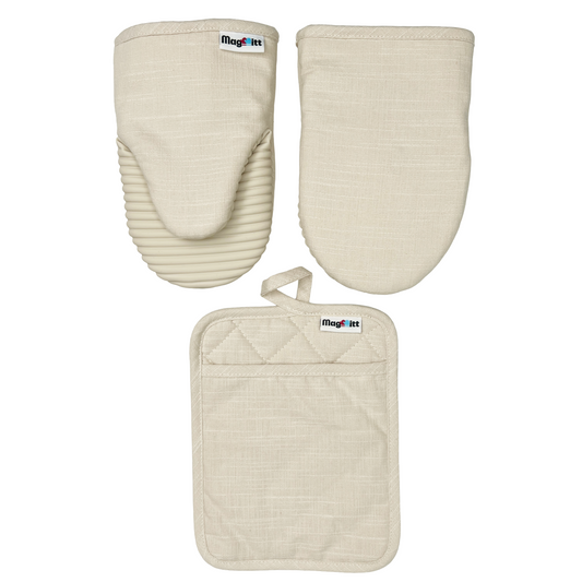 Beige oven mitts and pot holder set with MagMitt branding on a white background