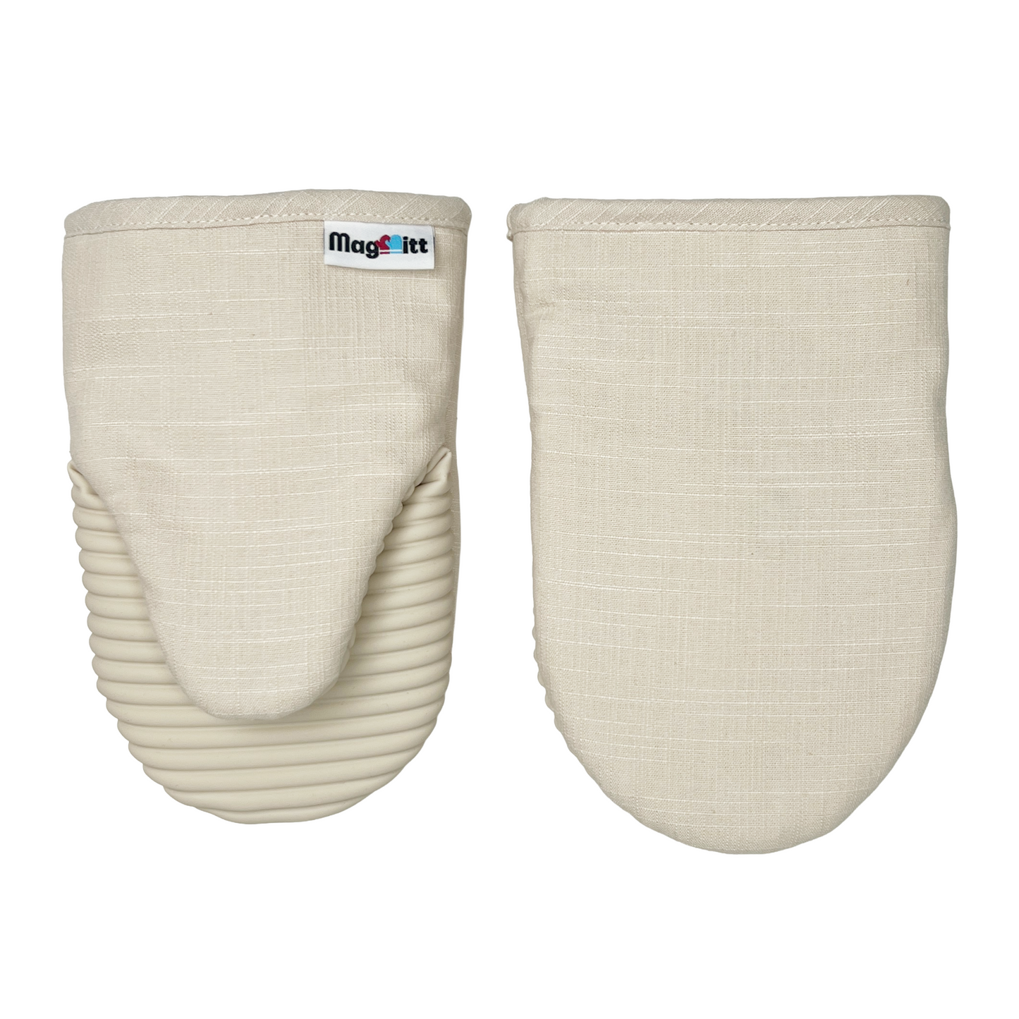 Pair of beige oven mitts with a visible brand label on a white background