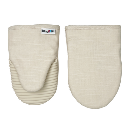Pair of beige oven mitts with a visible brand label on a white background