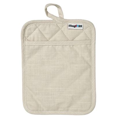 Beige quilted pot holder with a brand label on a white background