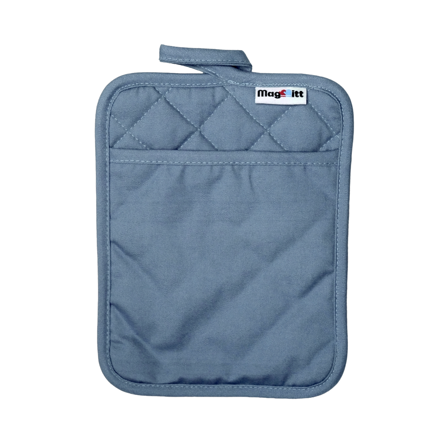 Blue quilted pot holder with a brand label on a white background