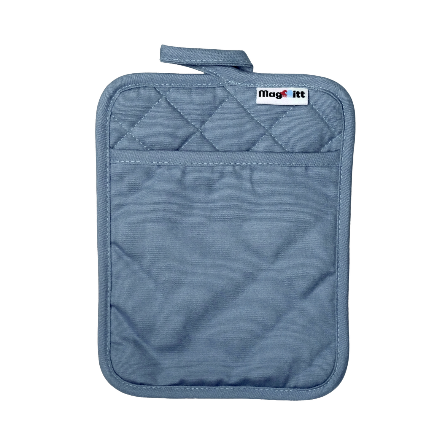 Blue quilted pot holder with a brand label on a white background