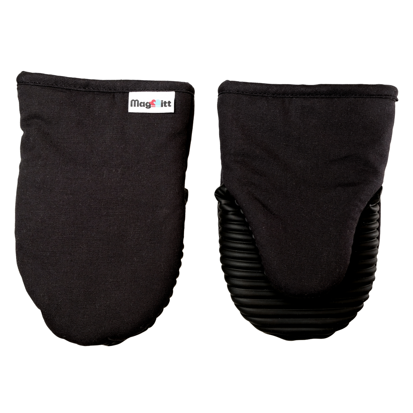 Pair of black oven mitts with ribbed texture on a white background