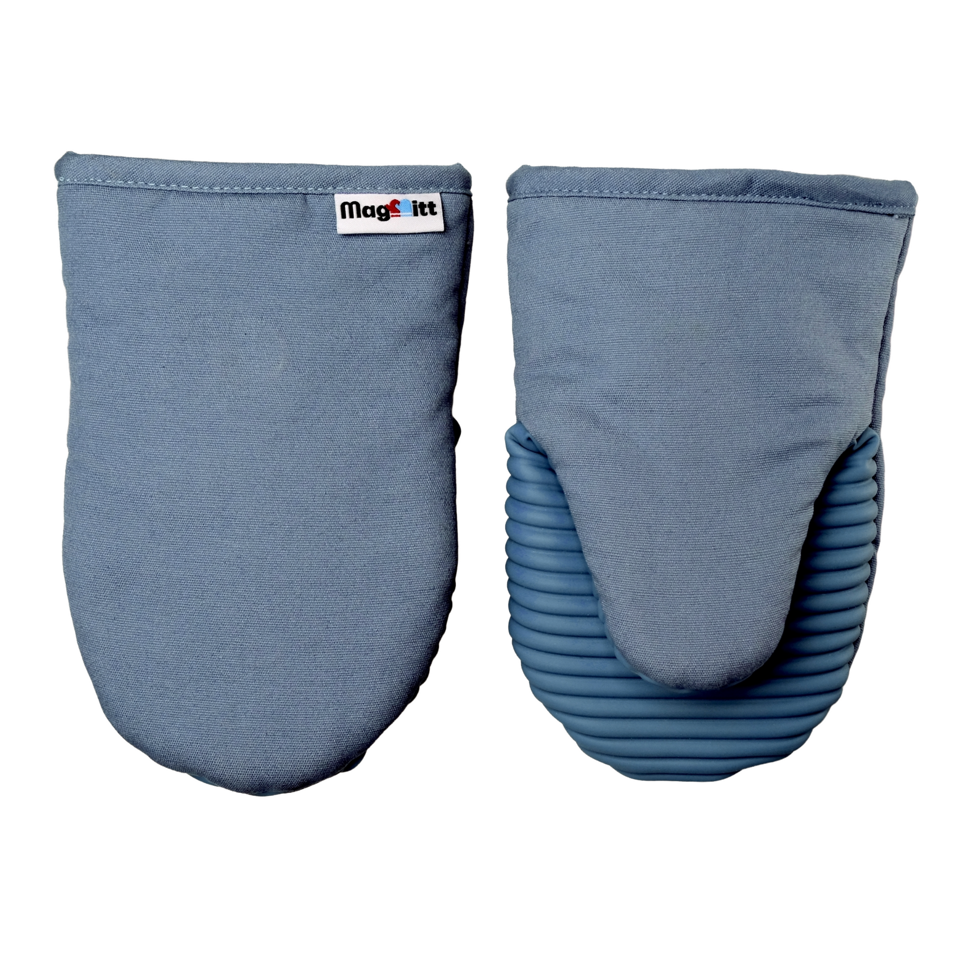 Pair of blue oven mitts with a brand label on a white background