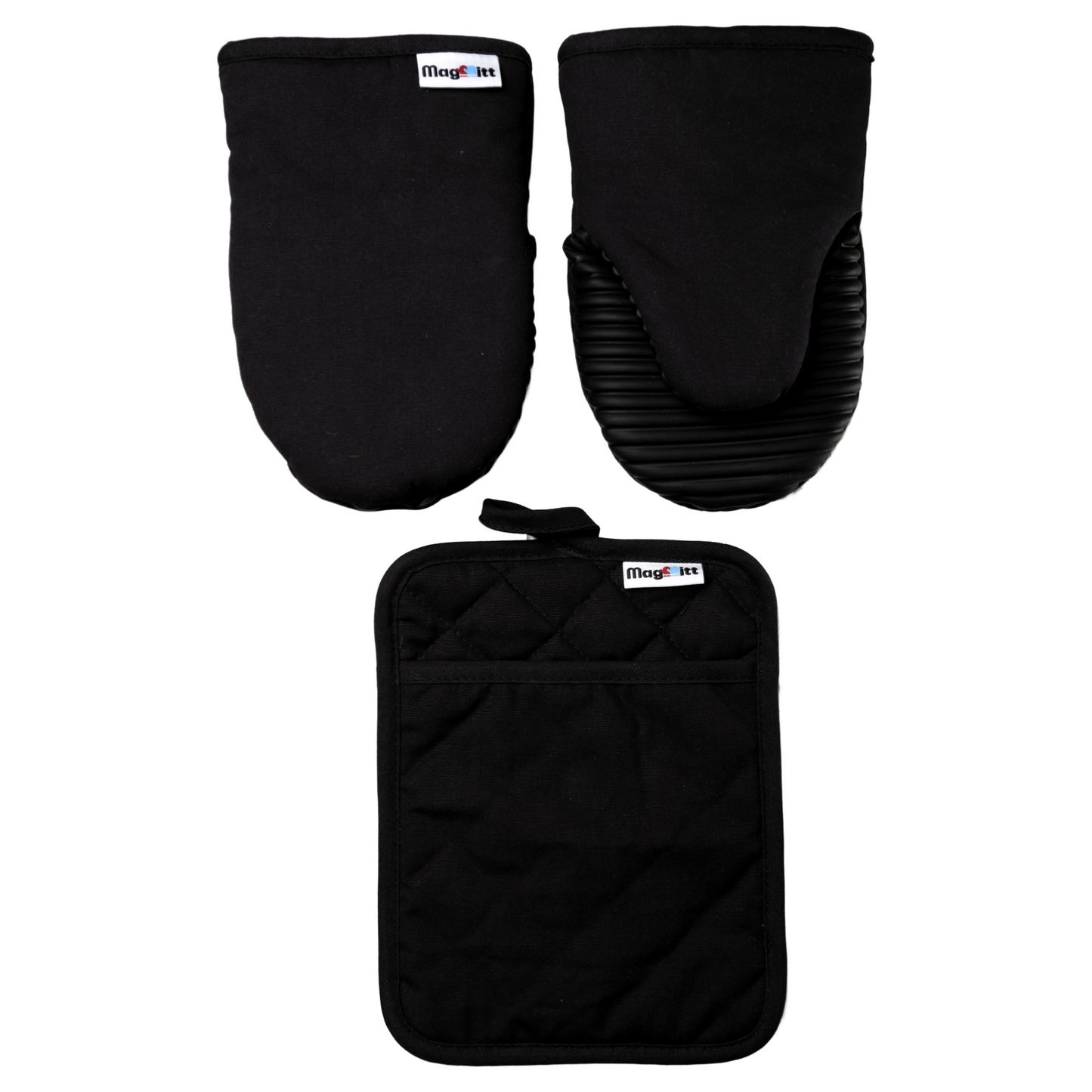 Set of black oven mitts and pot holder with 'MagMitt' branding on a white background