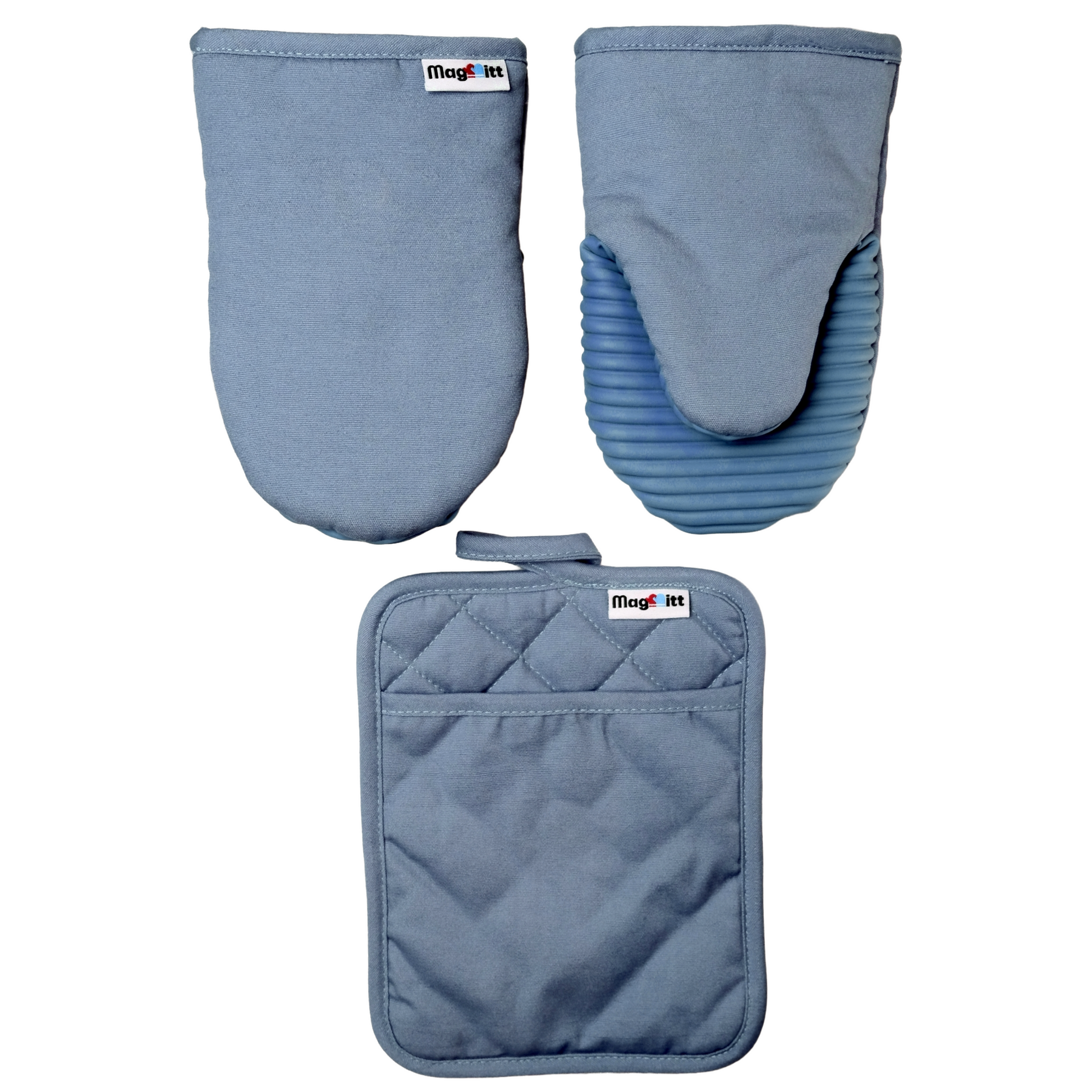 Set of blue oven mitts and pot holder with MagMitt branding on a white background