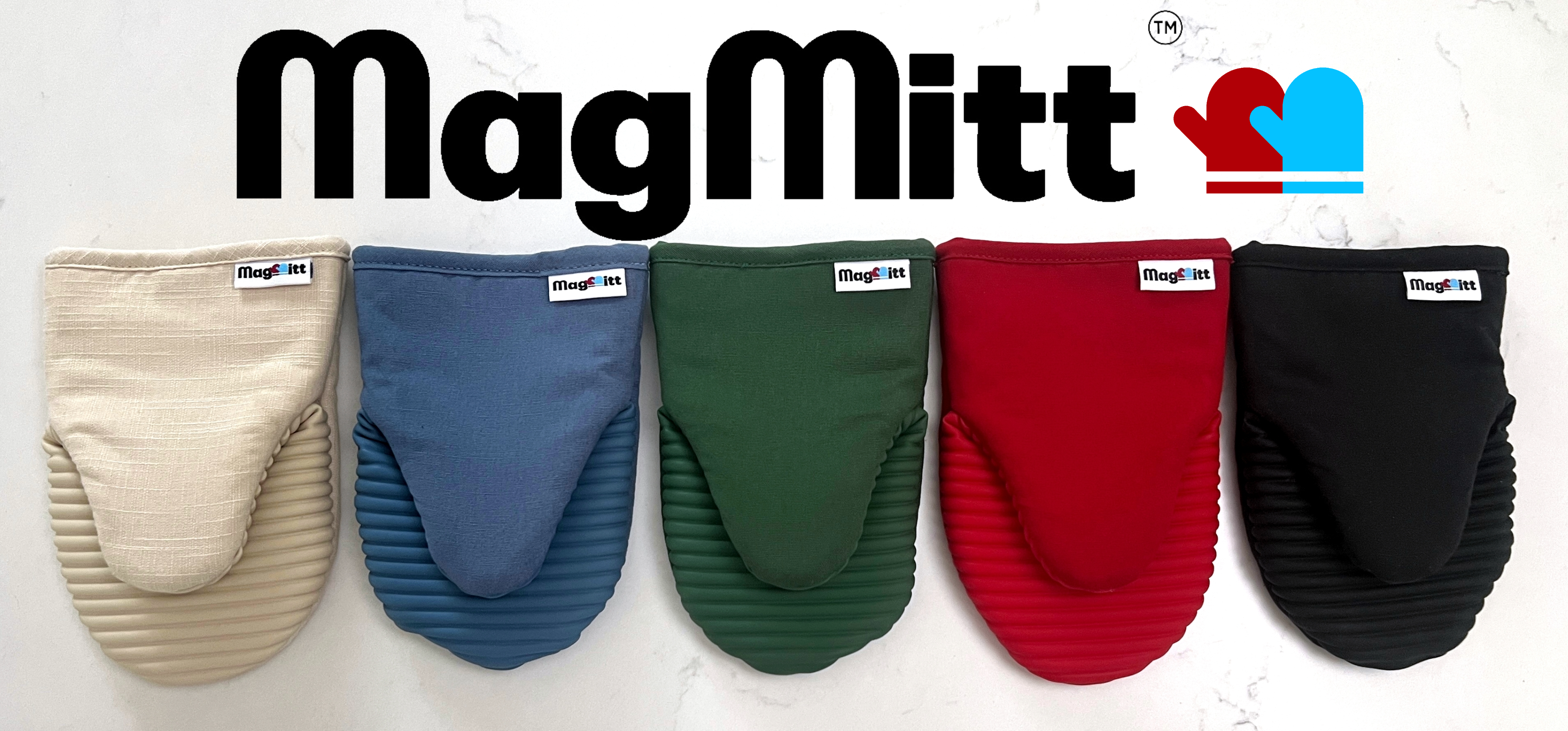 Five colorful MagMitt oven mitts on a white background with the brand name above.